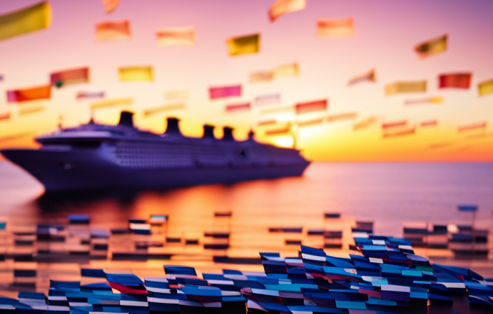 An image of a majestic cruise ship sailing across a vibrant sunset horizon, adorned with colorful flags fluttering in the wind