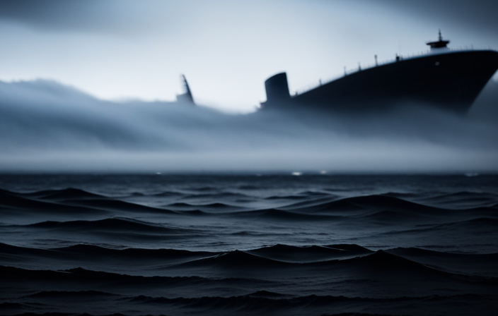 An image of a dark, moonlit ocean with towering waves crashing against a colossal cruise ship