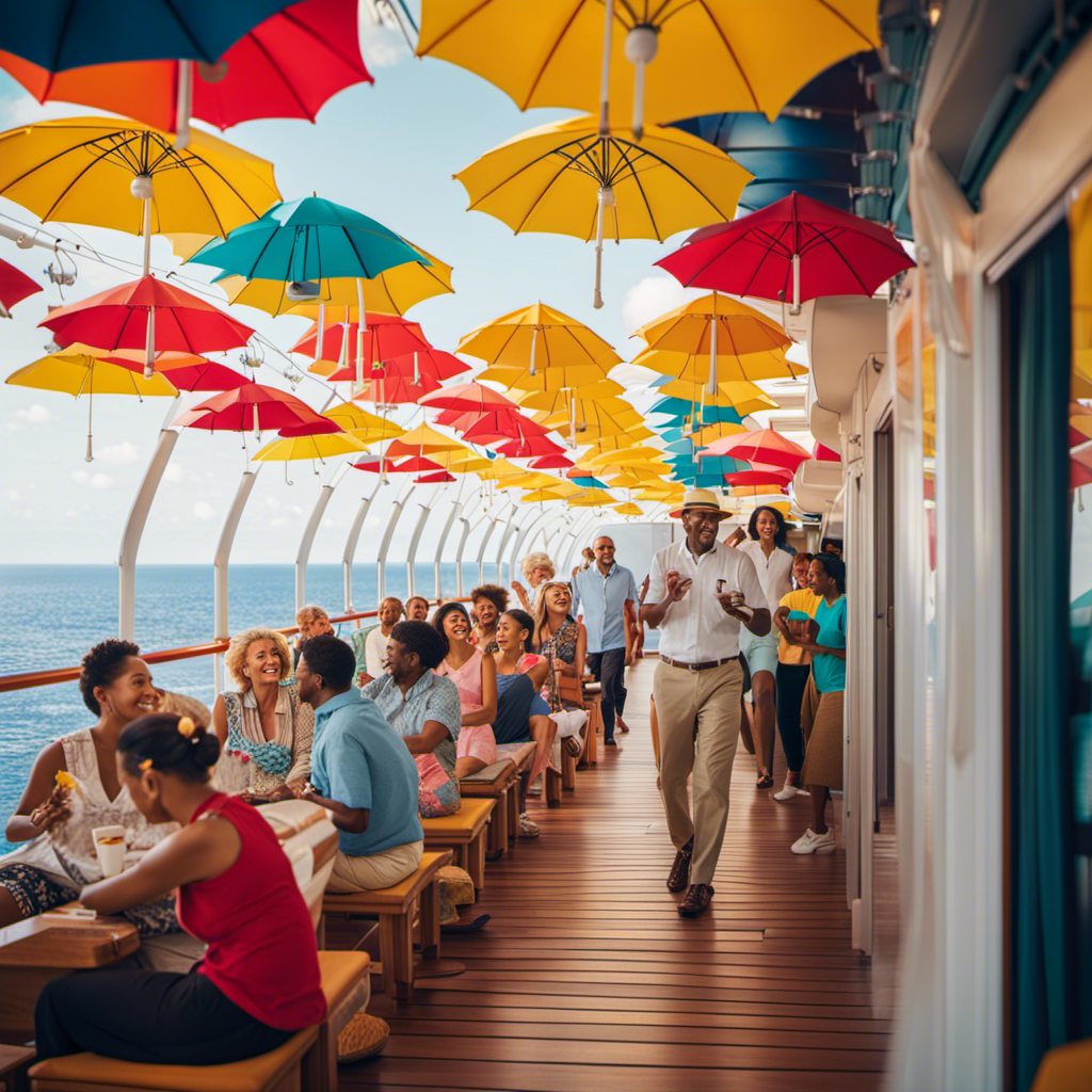 An image depicting a serene cruise ship deck, adorned with vibrant umbrellas, where a diverse group of smiling passengers engage in activities, emphasizing the safety and peace of mind provided by mandatory vaccine boosters