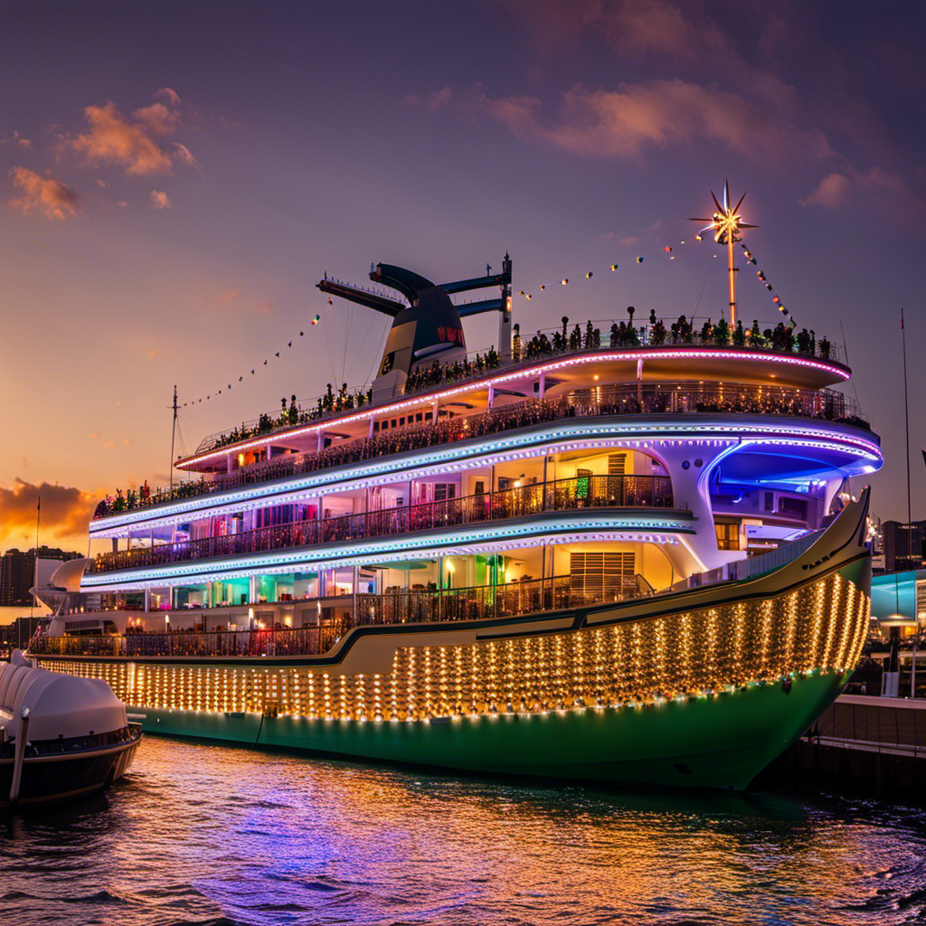 An image showcasing a majestic Mardi Gras ship in a vibrant port, with a backdrop of advanced technology and meticulous COVID-19 protocols