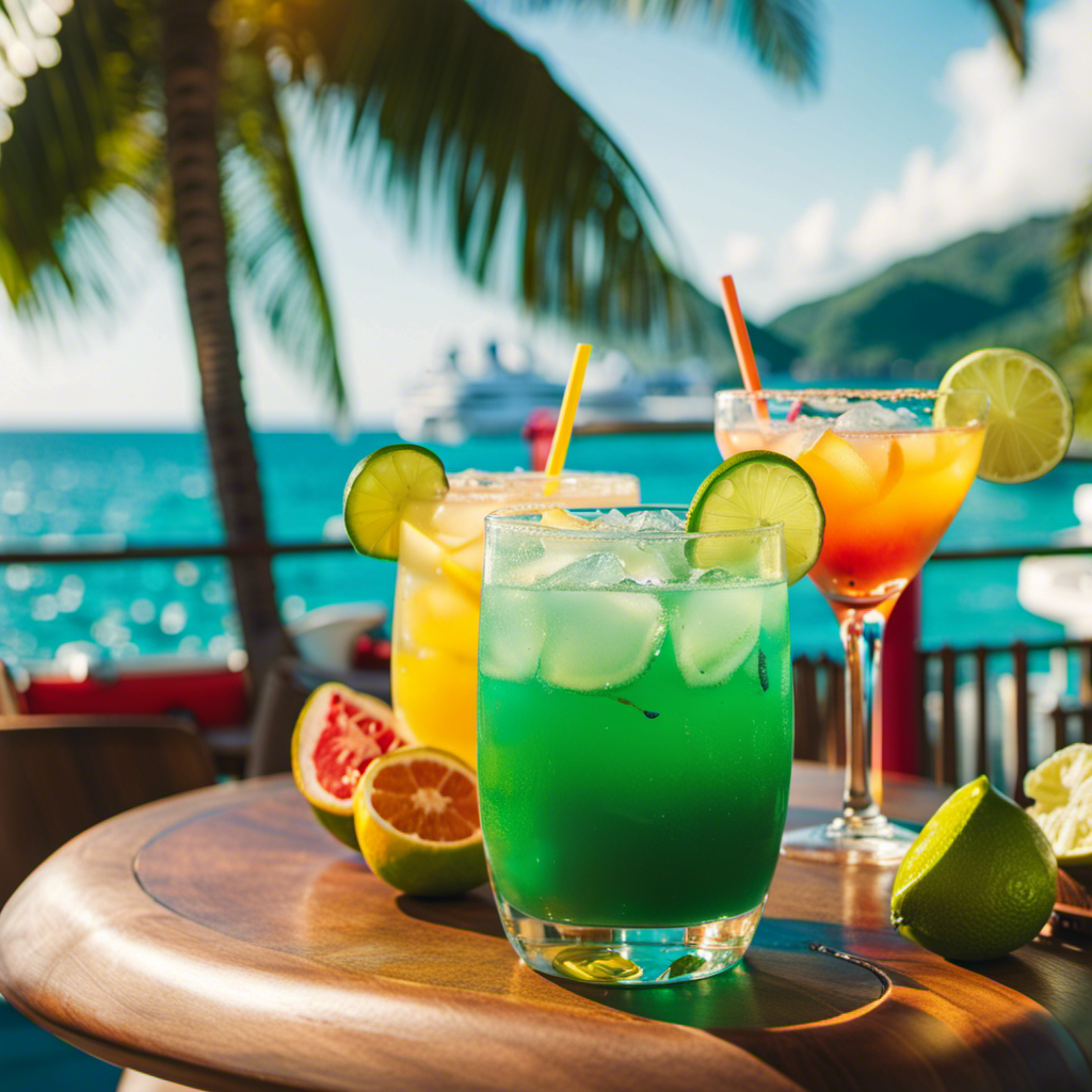 An image depicting a vibrant tropical paradise on a luxurious cruise ship, with palm trees swaying in the ocean breeze, a sparkling pool, colorful cocktails, and guests lounging in hammocks, capturing the essence of Margaritaville at Sea