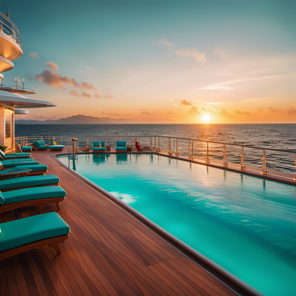 An image featuring a sun-kissed deck, dotted with vibrant lounge chairs, where passengers rejoice in the sparkling pool and indulge in tropical cocktails, while the ship glides through crystal-clear turquoise waters towards a breathtaking sunset horizon