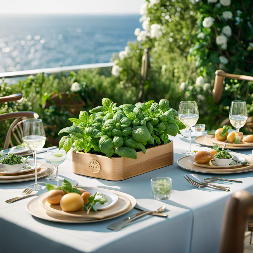 An image capturing the essence of Martha Stewart and MSC Cruises' collaboration: a lush onboard herb garden with fragrant basil, mint, and lavender, surrounded by elegant table settings and a stunning ocean backdrop