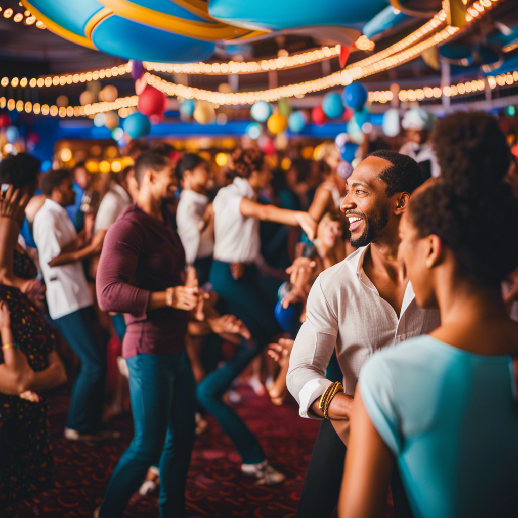 Create an image that captures the joyous atmosphere aboard a Carnival or Royal Caribbean cruise ship as passengers happily mingle, dance, and enjoy the onboard activities without masks, symbolizing the return to pre-pandemic normalcy