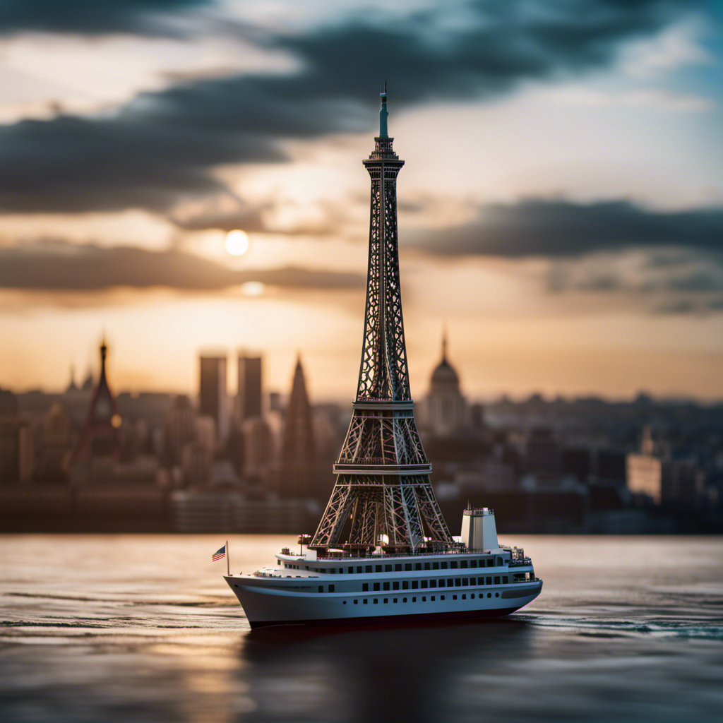 An image that showcases a colossal cruise ship overpowering iconic landmarks, its towering presence casting shadows on the Eiffel Tower, Statue of Liberty, and Taj Mahal, rendering them insignificant in comparison