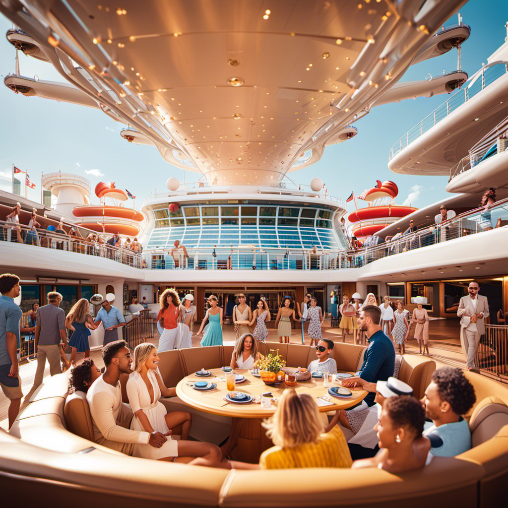 An image showcasing a diverse group of happy cruise passengers engaging in various activities onboard, surrounded by a vibrant and luxurious cruise ship environment, highlighting the perks and rewards of maximizing loyalty points and status