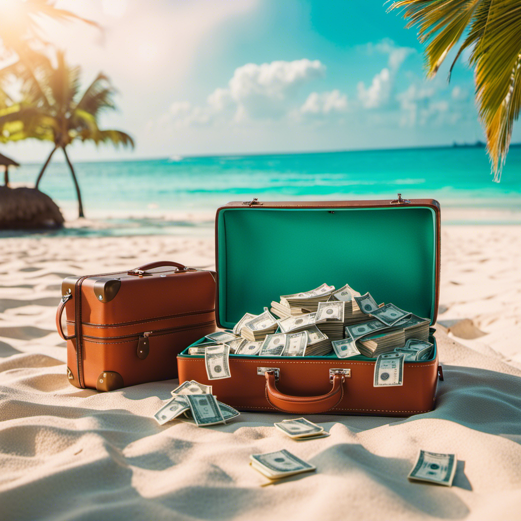 An image showcasing a tropical beach with crystal-clear turquoise waters, where a suitcase full of money is being opened, revealing stacks of cash