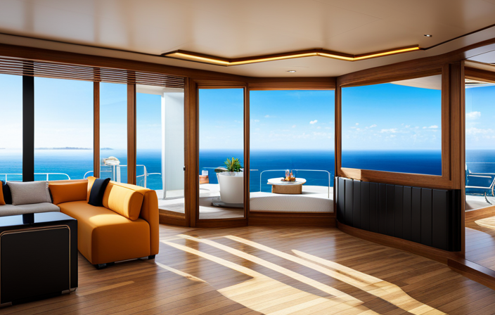 An image showcasing an open-concept cruise ship design, with sleek sliding doors seamlessly connecting spacious cabins and common areas