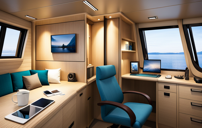 An image showcasing a cleverly designed small cruise cabin, with a foldable bed tucked beneath a cozy seating area, a wall-mounted expandable desk, and innovative storage solutions maximizing every inch of space