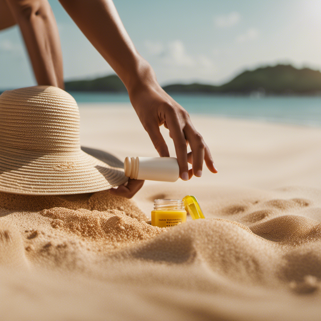 An image showcasing a sandy beach scene with a person applying sunscreen on their exposed skin, emphasizing the use of a high SPF sunscreen and the importance of reapplication