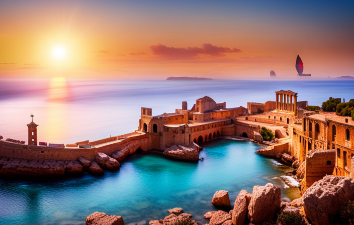 An image showcasing a sun-kissed coastline dotted with ancient ruins and vibrant blue waters