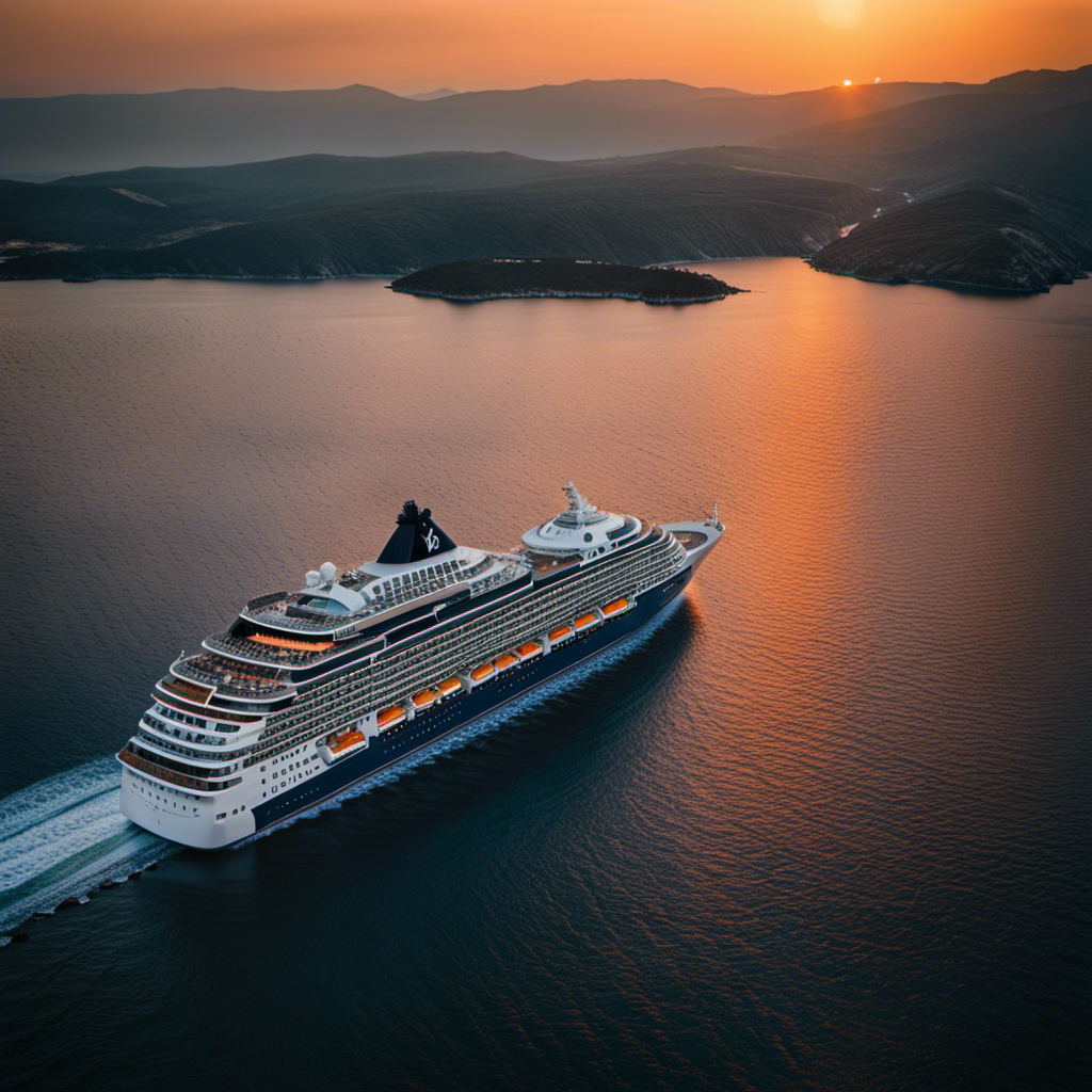 An image capturing the stunning Mediterranean sunset as the luxurious Celebrity Beyond cruises along the coastline, with Captain Kate McCue at the helm, and a vibrant itinerary promising unforgettable adventures