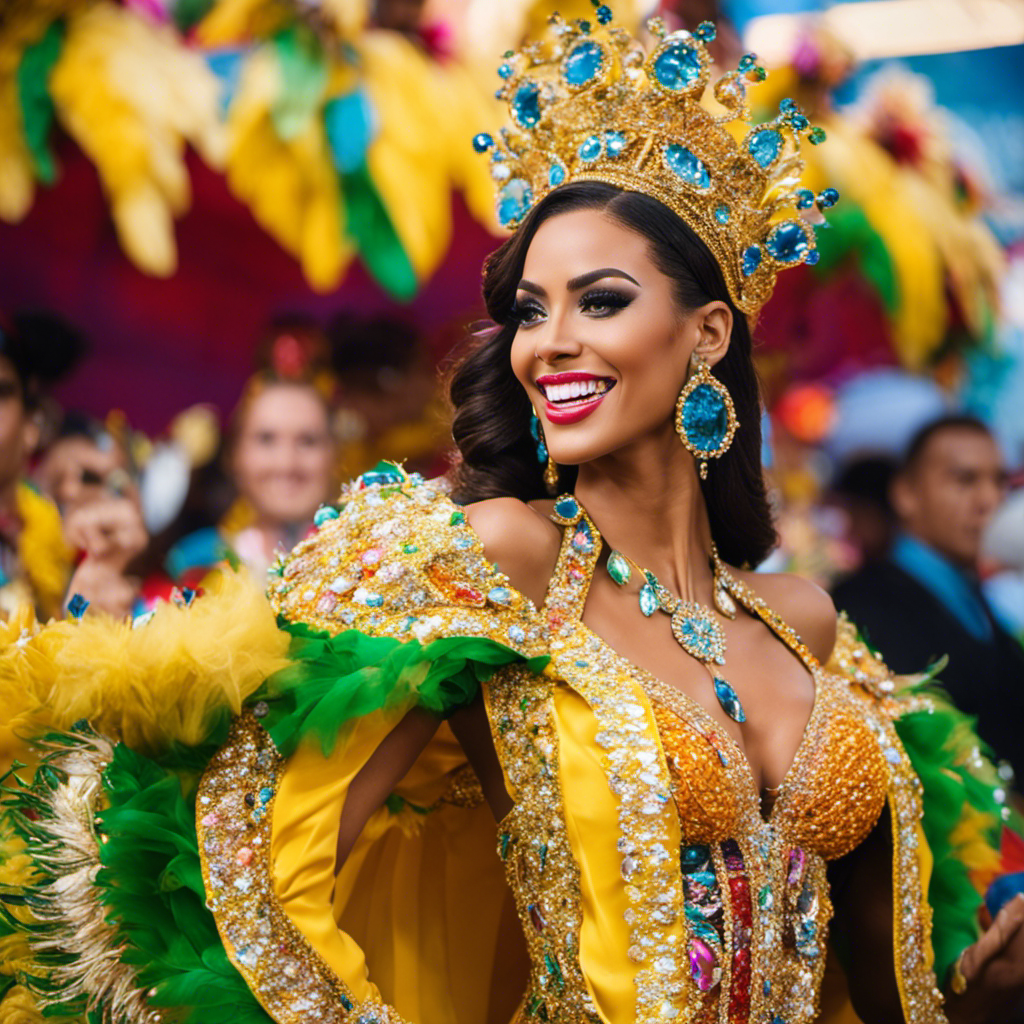 the radiant spirit of Kimberly Jiménez, Miss Dominican Republic, as she graces the stage at Carnival, adorned in a vibrant carnival costume that reflects her resilience