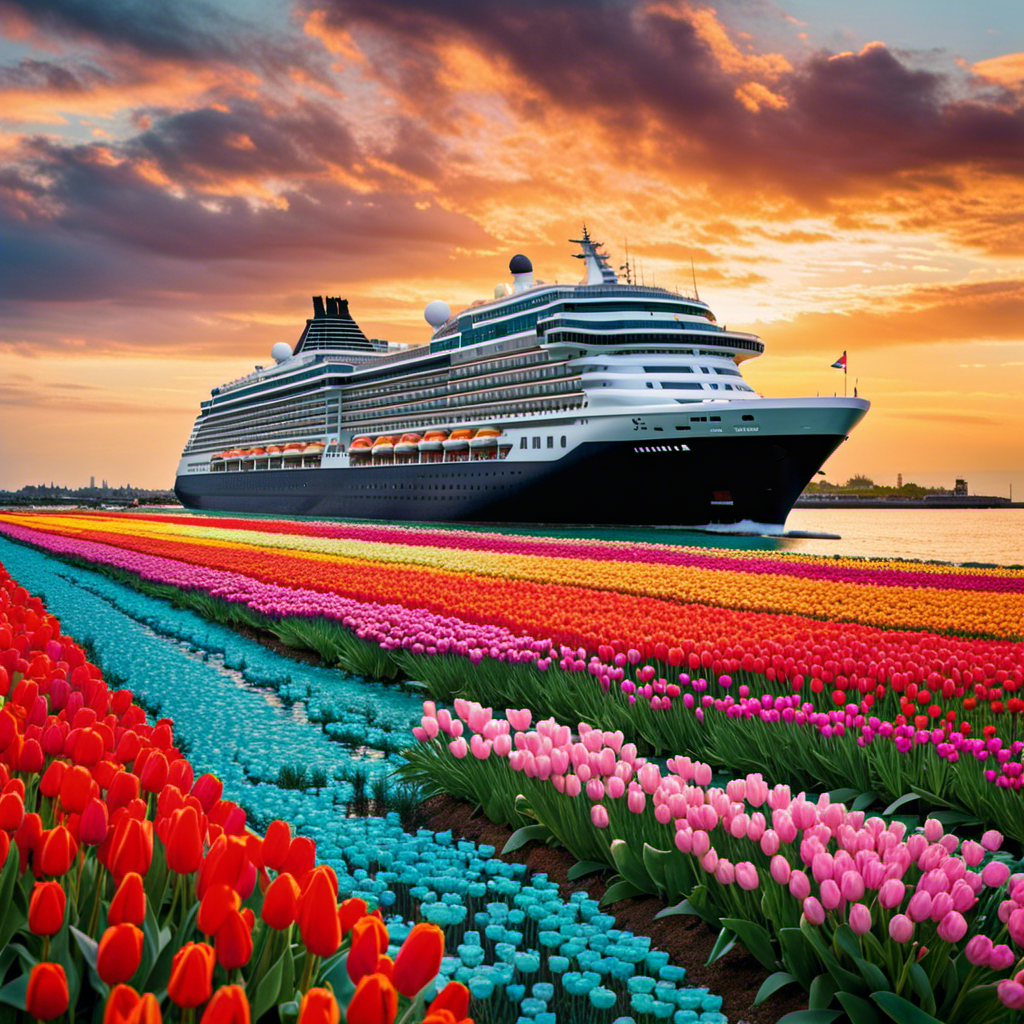 the essence of Holland America's 150th Anniversary Voyage: A majestic ship gliding through the turquoise waters, adorned with colorful flags, surrounded by vibrant tulip fields, and embraced by a sky painted with a breathtaking sunset