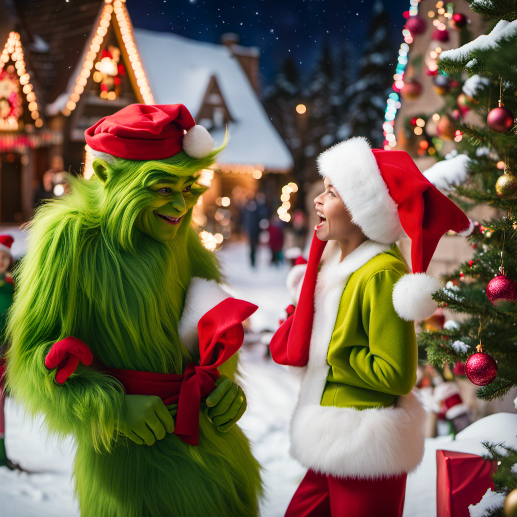 An image capturing the festive atmosphere of a Merry Grinchmas celebration: families laughing in a snow-covered Whoville, children dressed as Whos, joyfully decorating trees, singing carols, and enjoying activities like gingerbread house making and Grinch-themed games