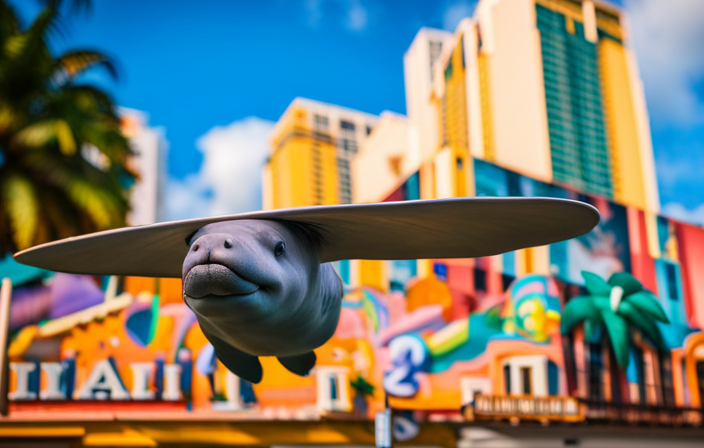 An image showcasing Miami's hidden gems: a majestic manatee gliding through crystalline waters, colorful murals adorning historic buildings, vibrant bars buzzing with music and laughter, and delectable dishes bursting with flavors from diverse cuisines