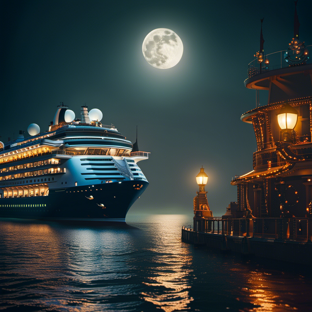 An image of a luxurious cruise ship sailing through dark, misty waters under a full moon