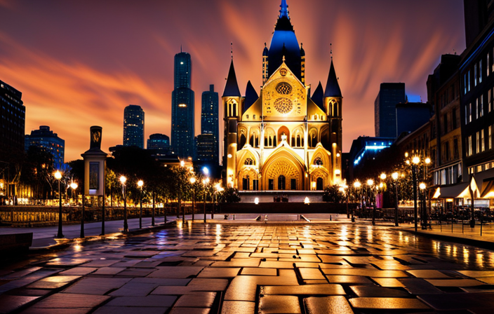 An image showcasing the majestic Notre-Dame Basilica, its ornate gothic architecture illuminated by vibrant spotlights, surrounded by quaint cobblestone streets lined with charming cafes, exuding the unique blend of European charm and vibrant cultural energy that defines Montreal
