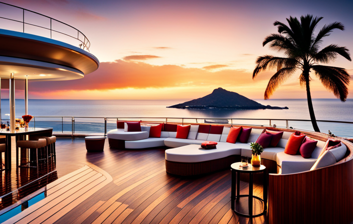 An image showcasing the newly expanded MSC Armonia cruise ship, featuring a luxurious infinity pool overlooking the sparkling ocean, a spacious outdoor deck with elegant loungers, and a vibrant outdoor bar with colorful cocktails, all surrounded by breathtaking panoramic views