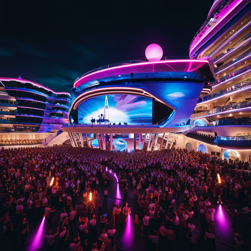 An image showcasing the MSC Bellissima, a sleek, futuristic cruise ship adorned with colorful LED lights and a towering waterslide, surrounded by an electrifying atmosphere of live music, dazzling acrobatics, and enthusiastic crowds