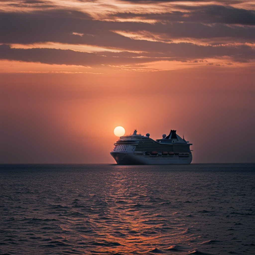 An image depicting a serene ocean sunset with a cruise ship silhouette fading into darkness, symbolizing the cancellation of MSC Cruises' April sailings