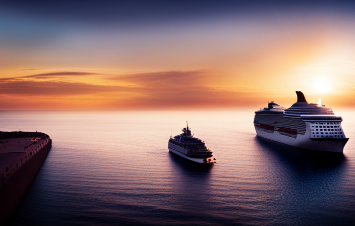 An image depicting a serene ocean sunset with a cruise ship silhouette fading into darkness, symbolizing the cancellation of MSC Cruises' April sailings