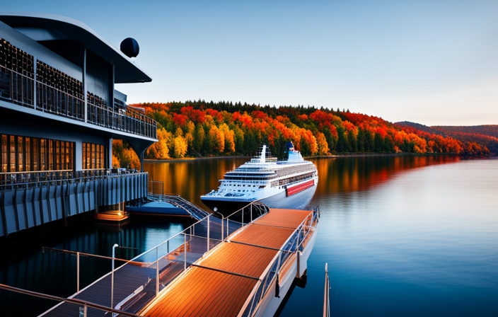 An image showcasing a serene cruise ship floating on the tranquil blue waters of Canada/New England, surrounded by vibrant autumn foliage