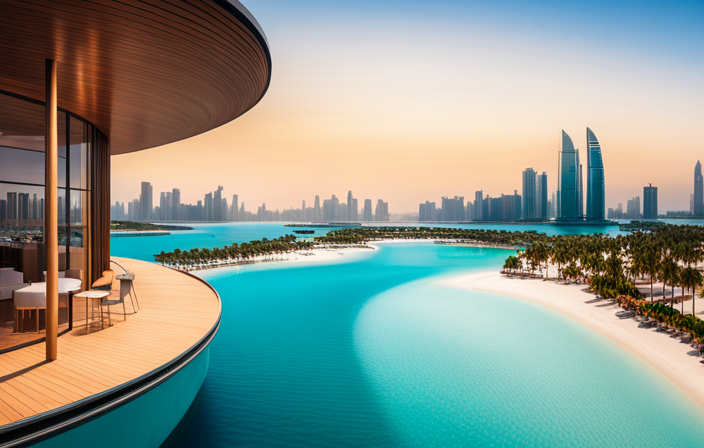 An image showcasing the picturesque Ocean Cay, its pristine turquoise waters and white sandy beaches, juxtaposed with the vibrant cityscape of Abu Dhabi, hinting at MSC Cruises' delayed opening and their expanded destination