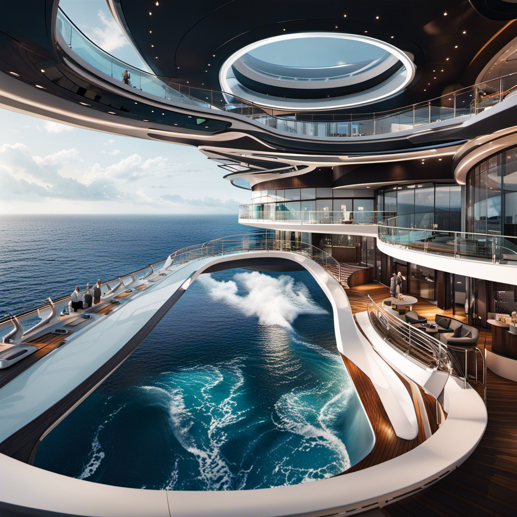 E showcasing the sleek silhouette of Msc Cruises' cutting-edge prototype ship, with its innovative design featuring panoramic glass walls, a retractable roof, and a helipad, surrounded by the majestic beauty of the ocean
