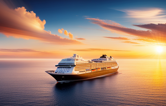 An image depicting a serene sunrise over a pristine ocean, with a modern MSC cruise ship in the background