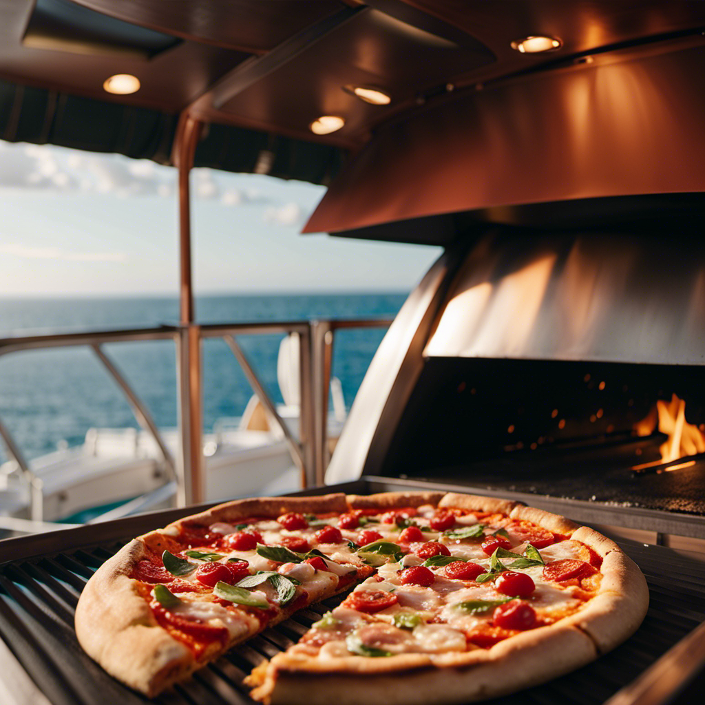 An image showcasing a picturesque ocean view from MSC Cruises' deck, adorned with a wood-fired pizza oven, where a skilled chef expertly crafts a mouthwatering Neapolitan pizza with perfectly melted cheese and fresh toppings