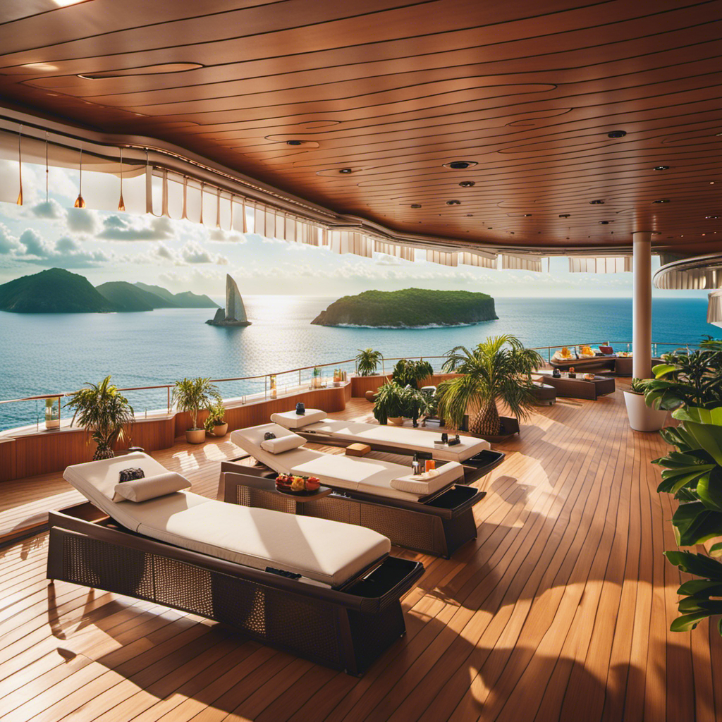 An image showcasing a serene, sunlit MSC cruise ship deck, adorned with lush greenery and loungers