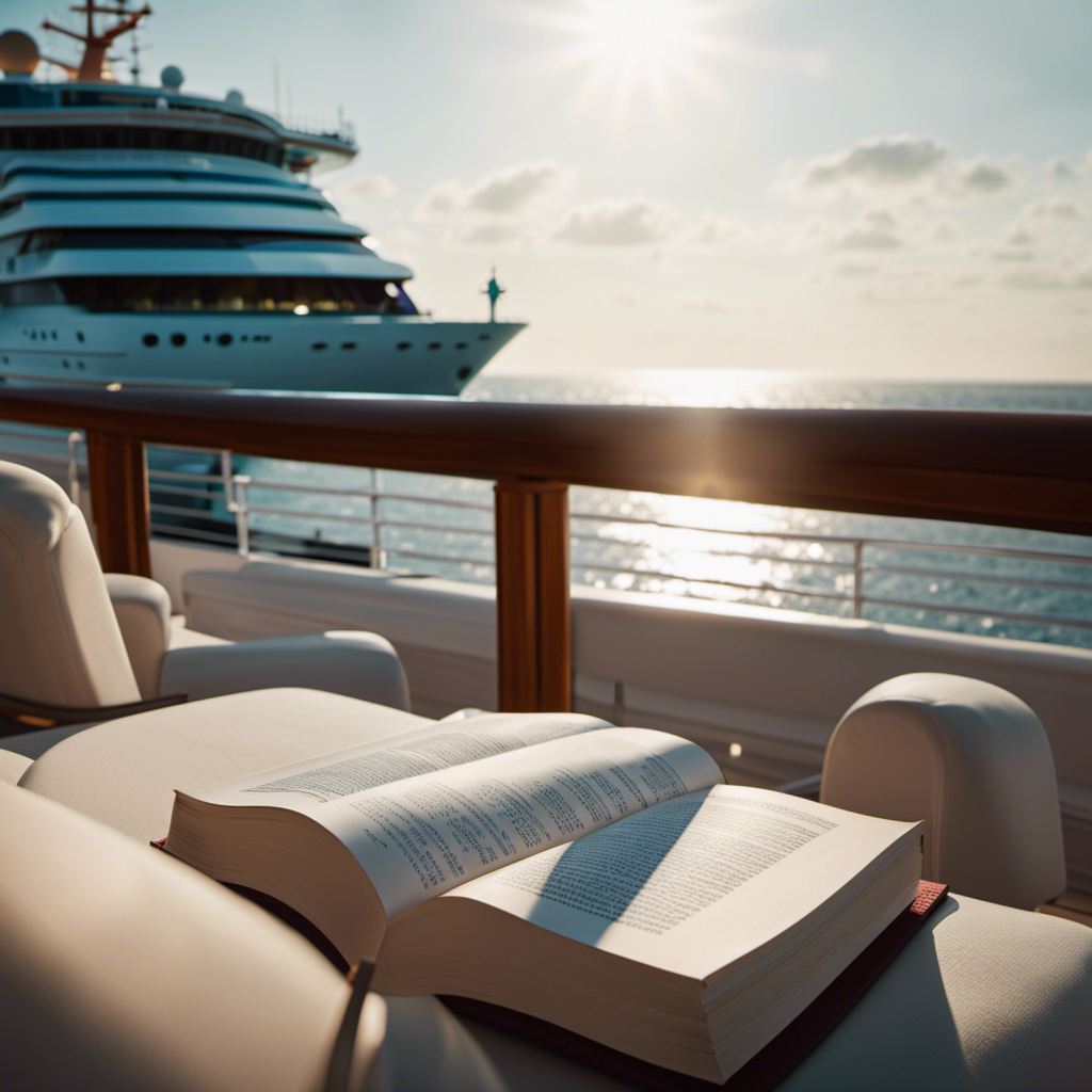An image showcasing a serene ocean view from the deck of a luxury cruise ship, with a solo traveler engrossed in a book, surrounded by empty loungers