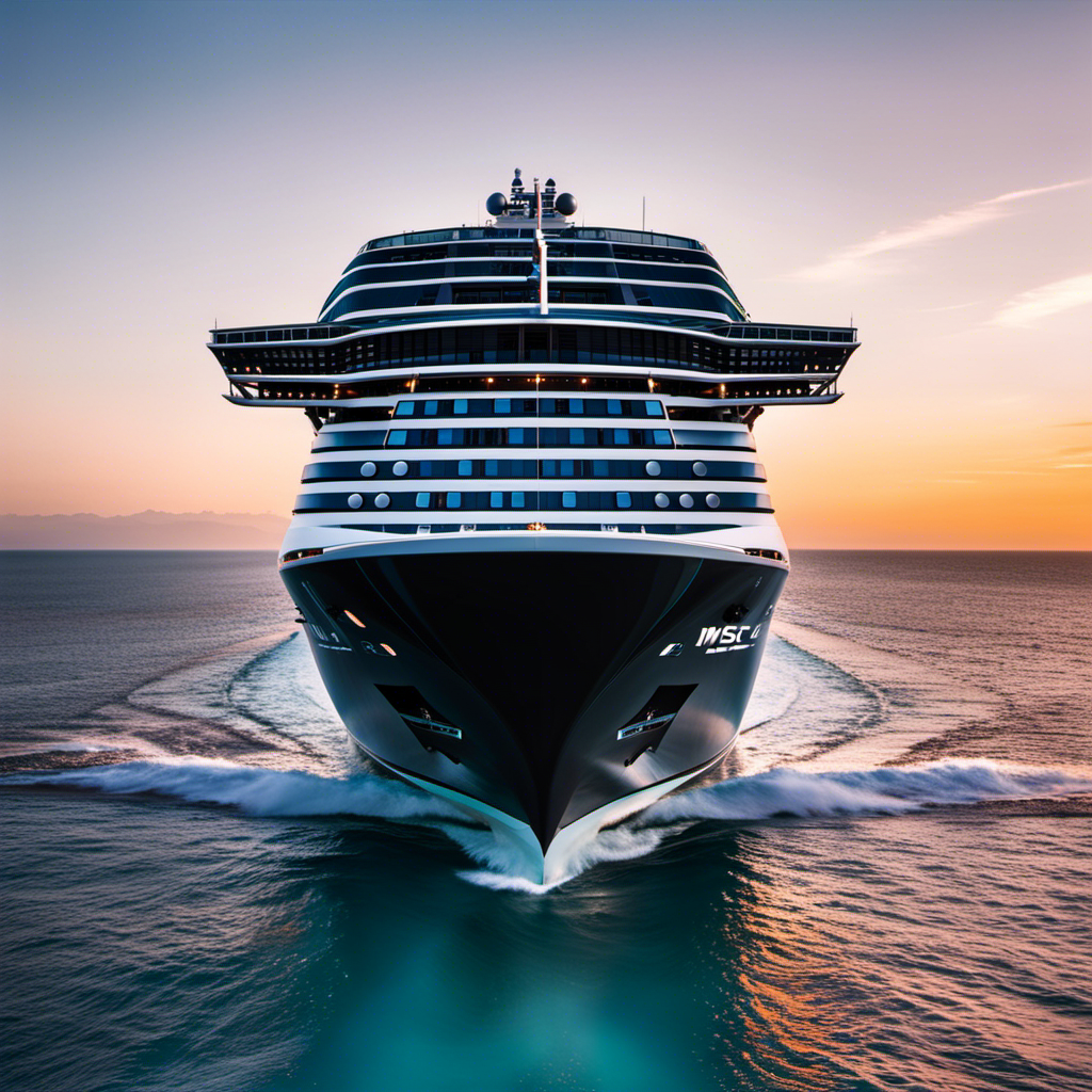 An image capturing the sleek silhouette of MSC Meraviglia, adorned with vibrant LED lights, as the ship glides through turquoise waters