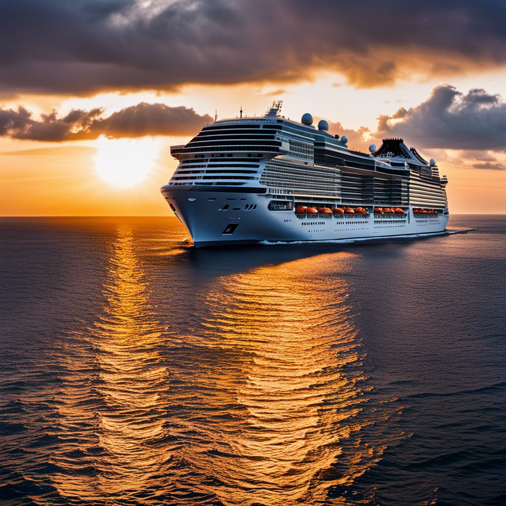 the grandeur of MSC Meraviglia as it gracefully glides through azure waters, its towering silhouette adorned with gleaming windows reflecting the golden hues of the setting sun, showcasing Europe's largest ship of 2017