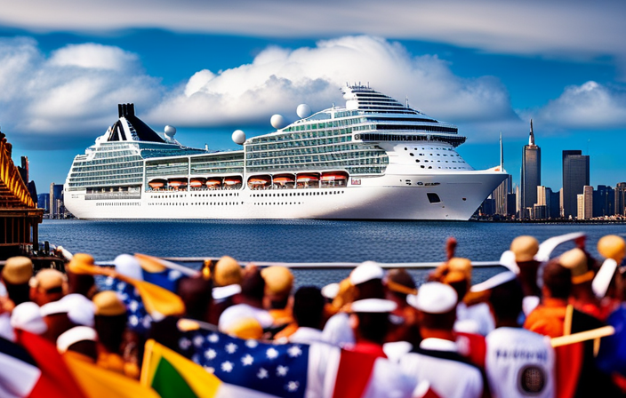 An image showcasing the majestic MSC Opera cruise ship adorned with vibrant flags of diverse nations, as soccer enthusiasts gather on its expansive deck, immersed in the electrifying atmosphere of the World Cup