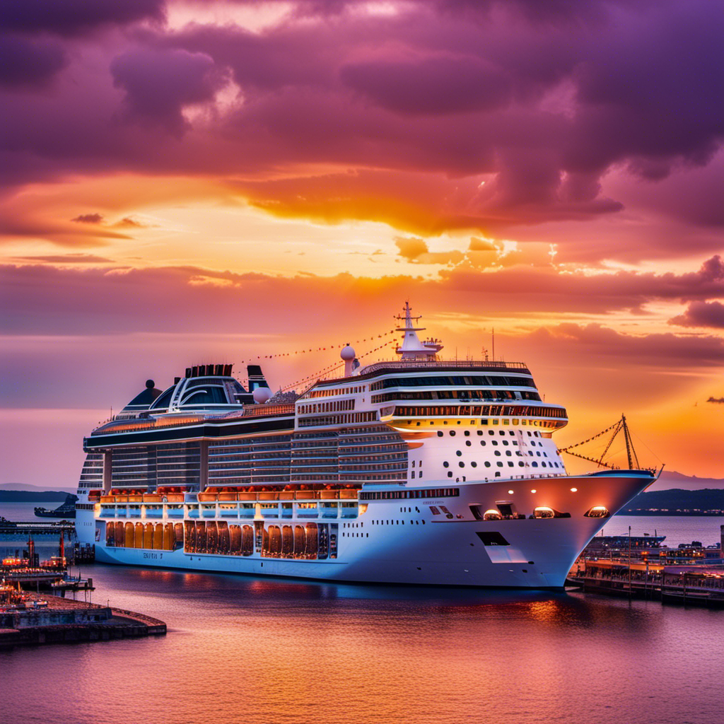 the essence of MSC Seascape's celebration of maritime tradition and industry confidence: A majestic cruise ship gliding through azure waters, adorned with flags representing diverse nations, while a vibrant sunset paints the sky in hues of gold, orange, and purple