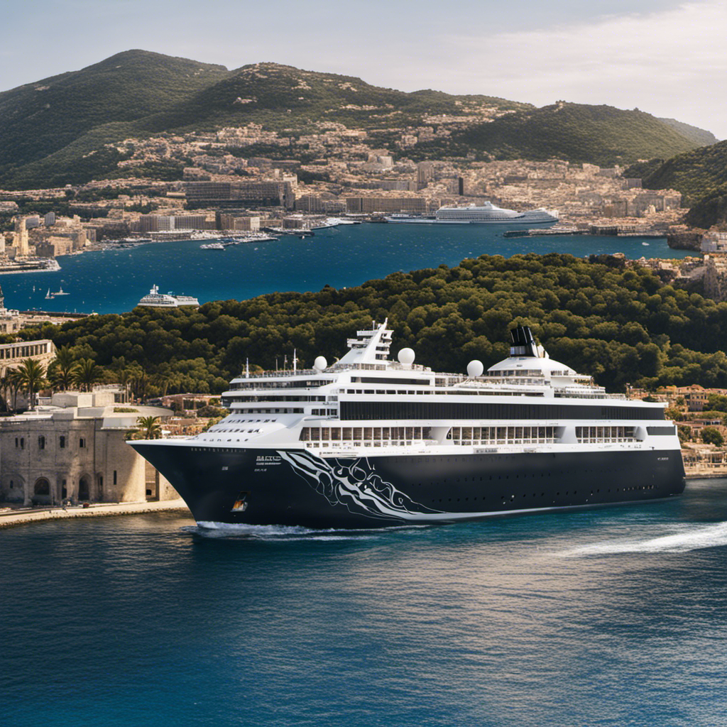 the grandeur of the newly arrived MSC Seascape as it gracefully sails through the azure waters of the Mediterranean, showcasing its elegant exterior design, towering decks, and spacious outdoor areas brimming with excited passengers enjoying their unforgettable cruising experience