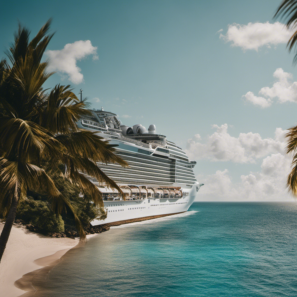 the essence of a Caribbean voyage aboard MSC Seaside: the sun-kissed turquoise waters beckon, palm trees sway along the pristine white-sand beaches, and the ship's sleek silhouette glides through the idyllic paradise