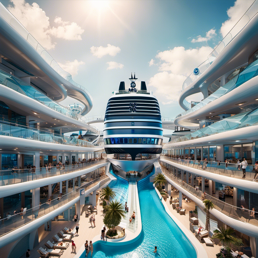 An image capturing the futuristic essence of MSC Seaside, showcasing its awe-inspiring glass-bottomed Bridge of Sighs, a magnificent outdoor water park with thrilling slides, and the stunning multi-levelled LED-lit atrium