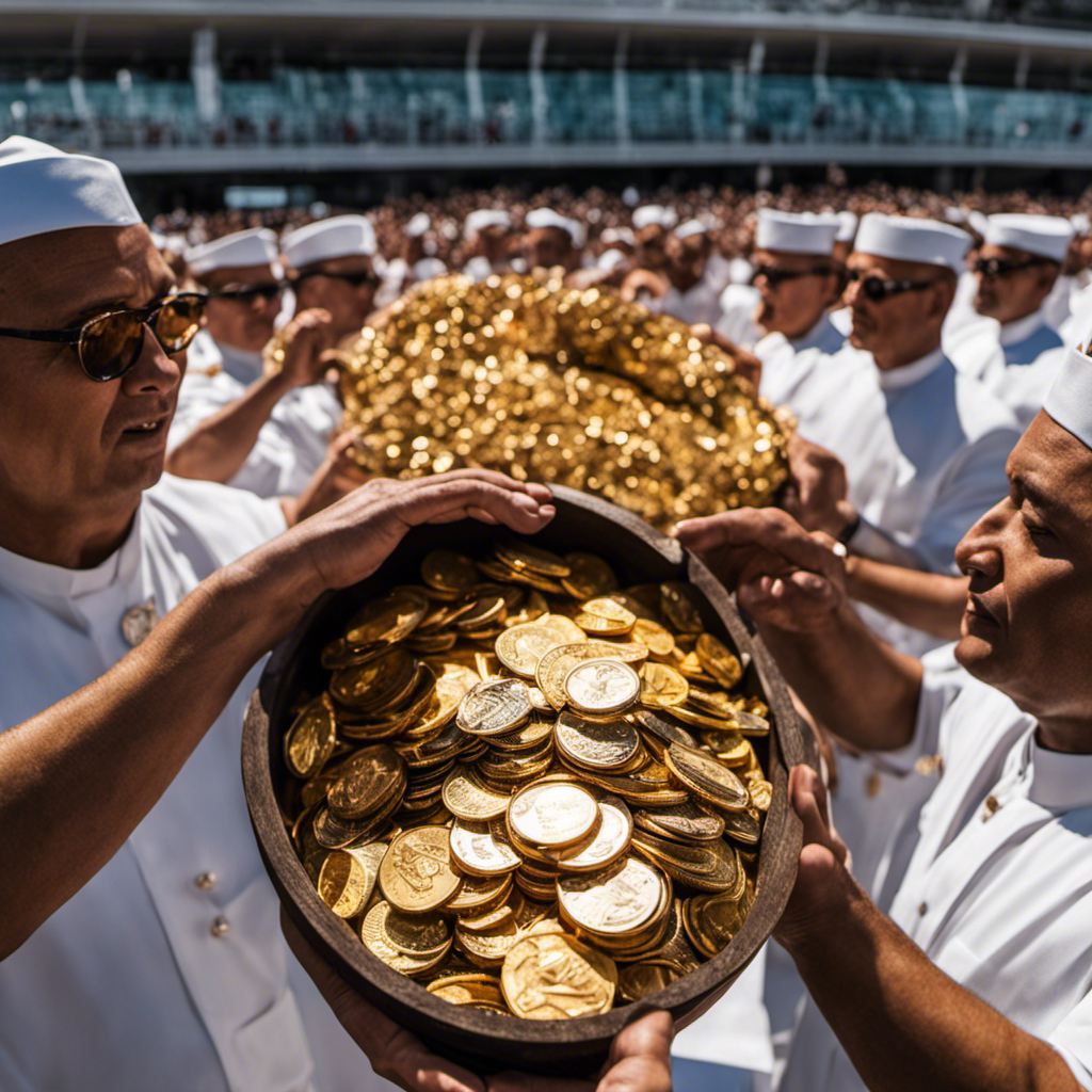 Capture the vibrant scene of MSC Seaview's Coin Ceremony: golden coins cascading through the hands of shipbuilders, glinting in the sunlight, as a priest blesses the new vessel, surrounded by a jubilant crowd