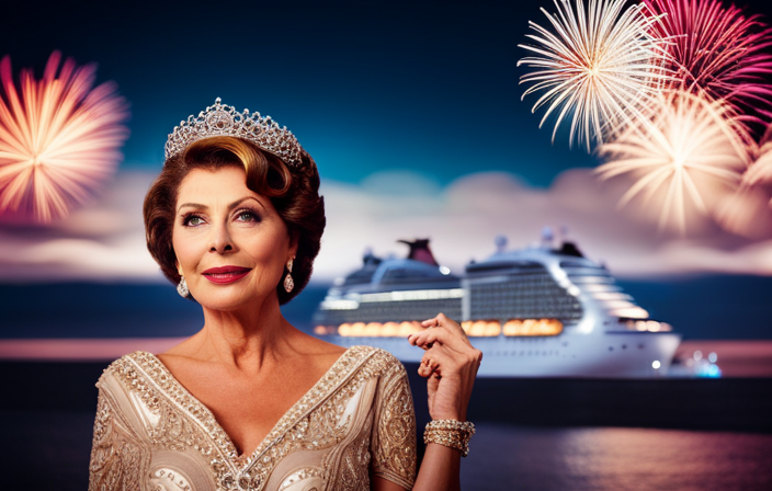 An image showcasing the luxurious MSC Seaview cruise ship adorned with elegant decorations, as iconic actress Sophia Loren gracefully christens the ship, surrounded by a radiant night sky and shimmering fireworks