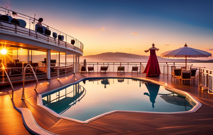 An image capturing the grandeur of MSC Sinfonia's newly expanded deck, adorned with sparkling pools, chic loungers, and vibrant umbrellas, juxtaposed with the enchanting set design of Disney Magic's Tangled Musical, evoking a whimsical atmosphere