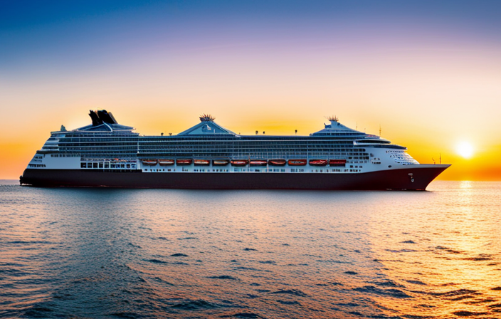 An image showcasing the sleek design of MSC World America, a state-of-the-art cruise ship, gliding through crystal-clear waters with a backdrop of vibrant coastal landscapes, highlighting its role in sustainable U