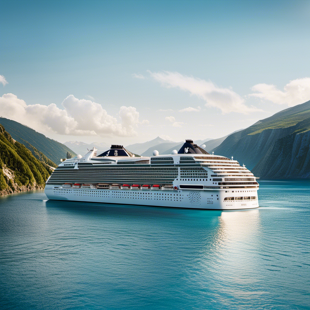 An image showcasing the sleek MSC World Europa cruise ship sailing through crystal-clear waters, emitting zero emissions thanks to its innovative LNG fuel technology