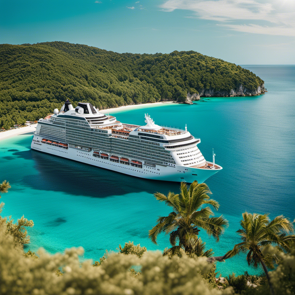 An image showcasing the MSC World Europa, a luxurious cruise ship sailing through crystal-clear turquoise waters, surrounded by vibrant coral reefs, and anchored near a pristine white sandy beach