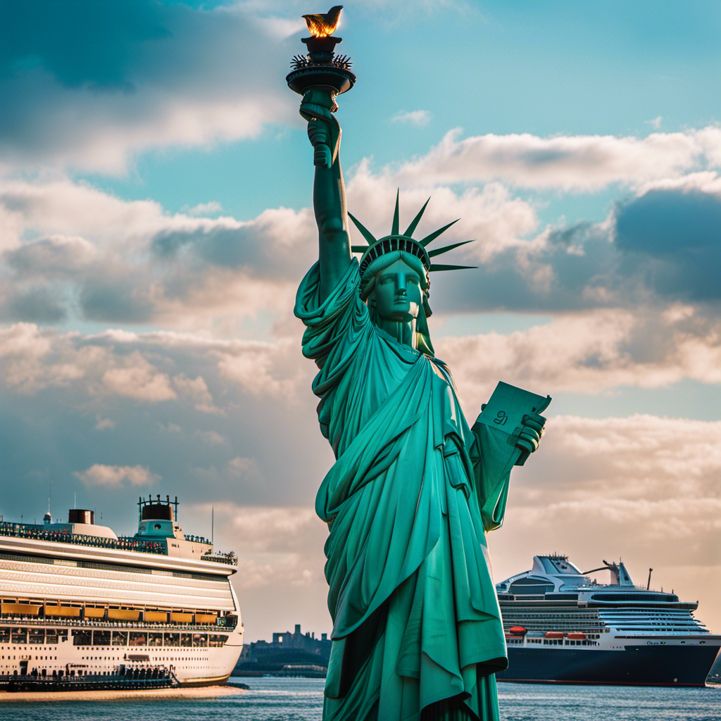 An image showcasing the iconic Statue of Liberty, towering over a grand MSC cruise ship docked in New York Harbor