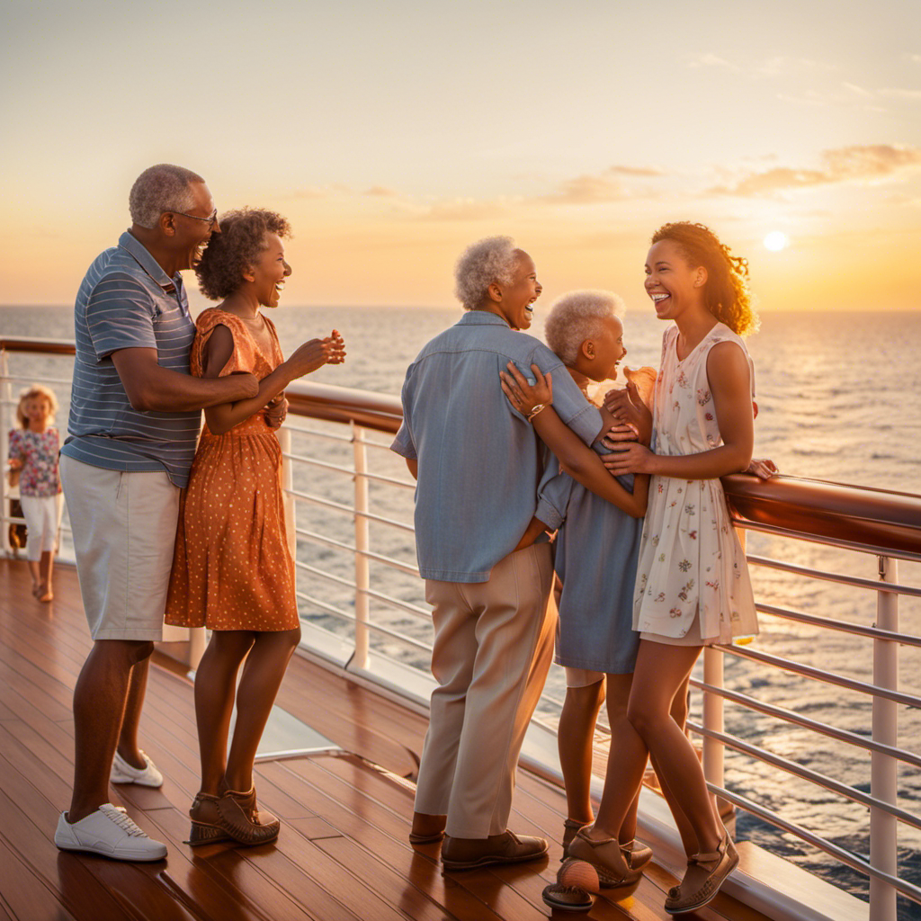 An image capturing a radiant sunset backdrop on the horizon, as three generations of a diverse family joyfully gather on the deck of Britannia, indulging in laughter, scrumptious meals, and exhilarating activities, all harmoniously blending to portray an extraordinary multigenerational cruise experience