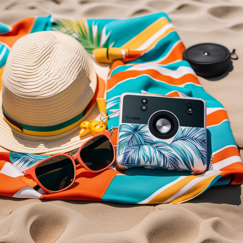 An image showcasing a vibrant beach towel with a tropical print, a waterproof phone case attached to a lounge chair, a stylish sun hat, and a portable Bluetooth speaker playing music by the poolside