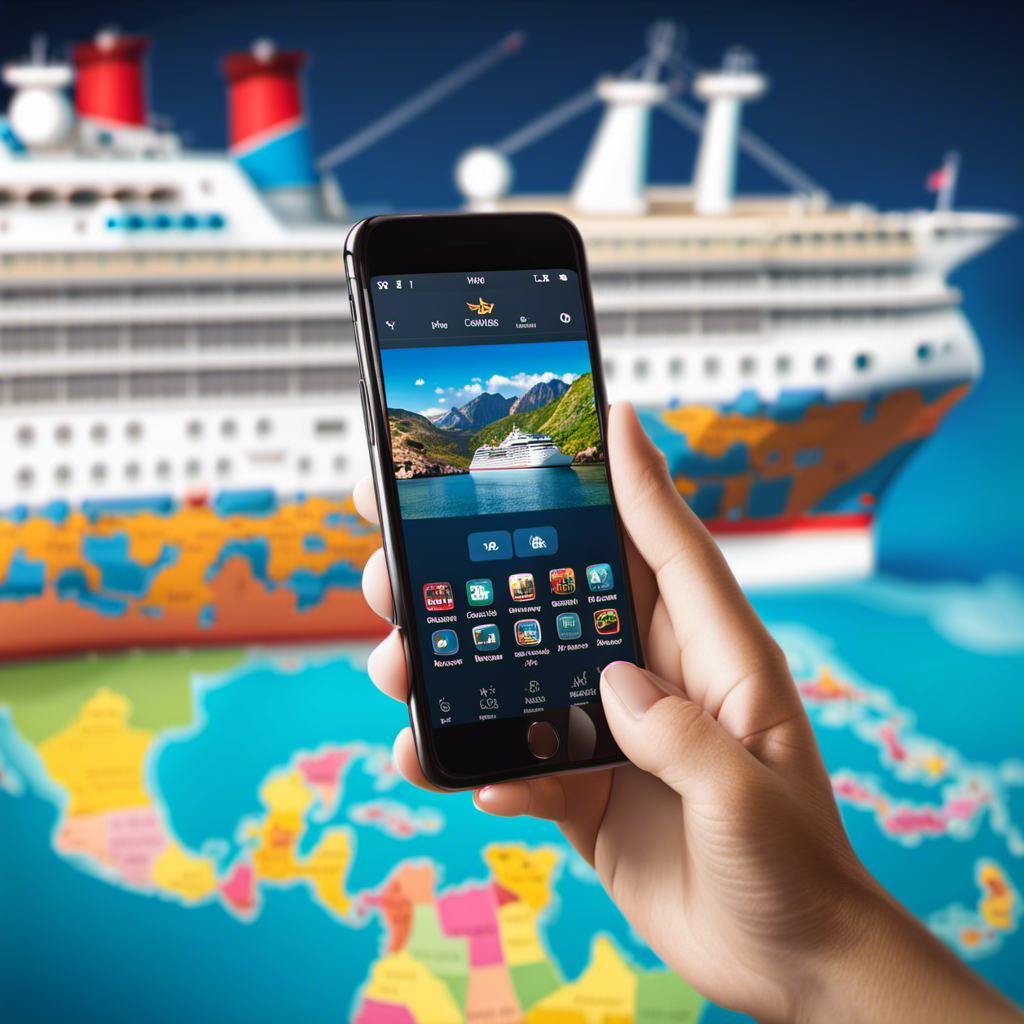 An image showcasing a smartphone with a cruise ship icon on its screen, surrounded by vibrant travel-related apps like itinerary planners, onboard activities guides, dining reservations, and real-time navigation maps